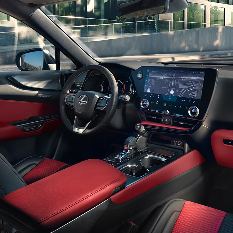 Cabin of NX F SPORT with Circuit Red NuLuxe and Dark Graphite Aluminum trim.