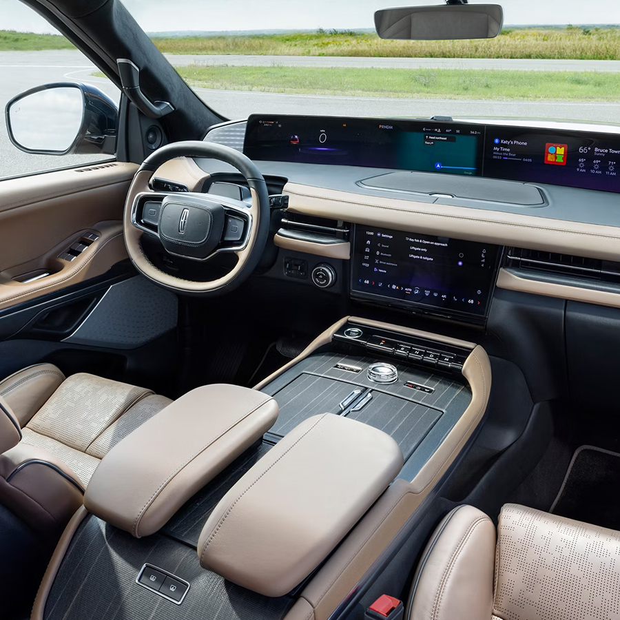 The interior of a 2026 Lincoln Black Label Navigator® SUV with a Lincoln Rejuvenate sequence shown on the panoramic display