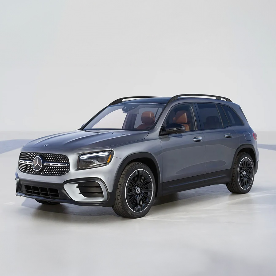 3/4 side view of the 2026 Mercedes-Benz GLB parked in a modern studio setting