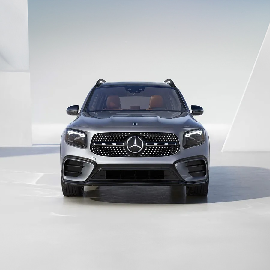 Front view of the 2026 Mercedes-Benz GLB parked in a modern studio setting