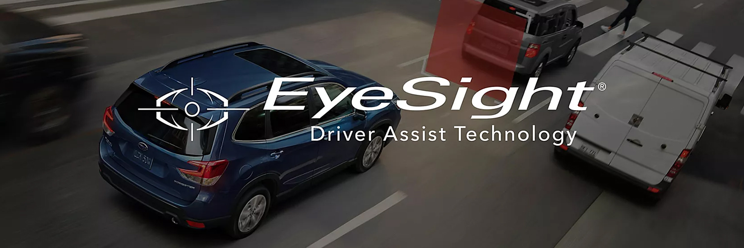 2019 Ascent driving on road with red graphic overlay demonstrating EyeSight technology.