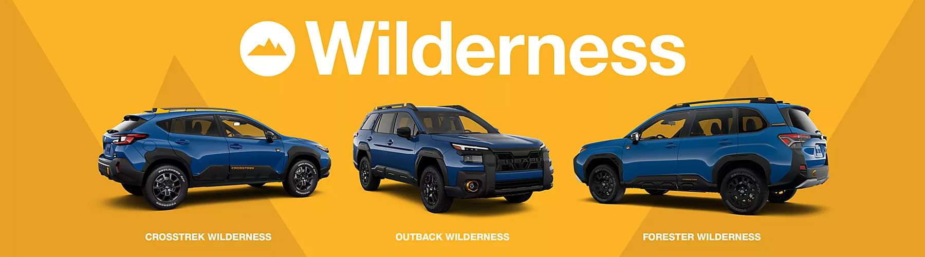 Circular white icon with a mountain cut out of it next to text saying ‘Wilderness’ on a yellow background.