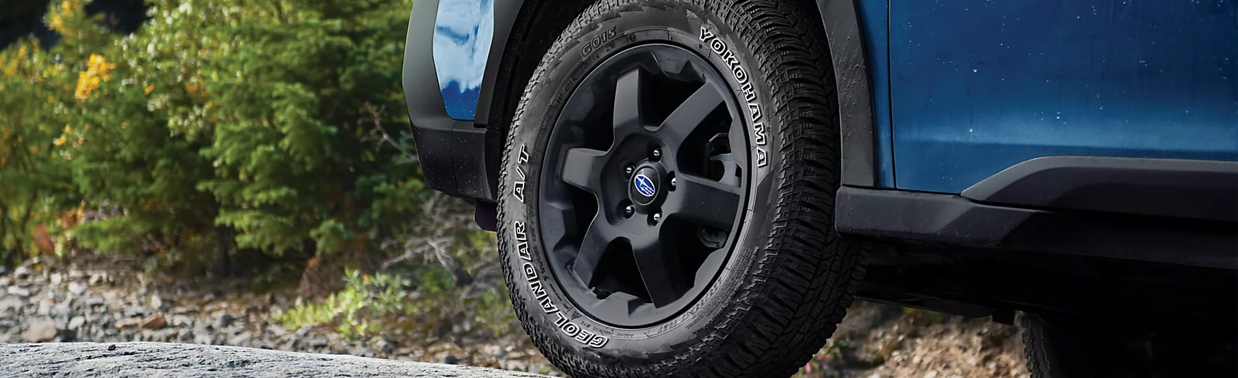 A close-up of the front tire on an Outback Wilderness.