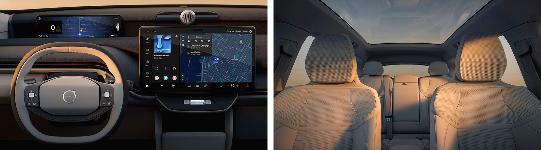 Left to right: The dashboard of the Volvo EX60 showing the steering wheel, driver display and center display; The panoramic roof and all five seats in the Volvo EX60 viewed from the front.