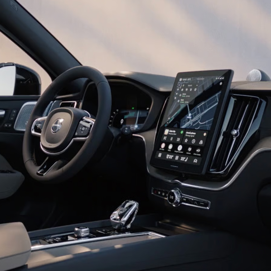 The cockpit of the Volvo XC60 midsize plug-in hybrid SUV.
