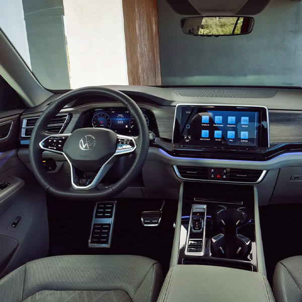 Atlas SEL Premium R-Line shown in Titan Black with Silver Inlay Premium Appearance leather seating surfaces.