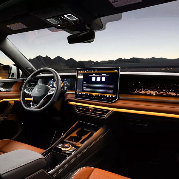 Interior of the front row of a 2026 Volkswagen Tiguan.
