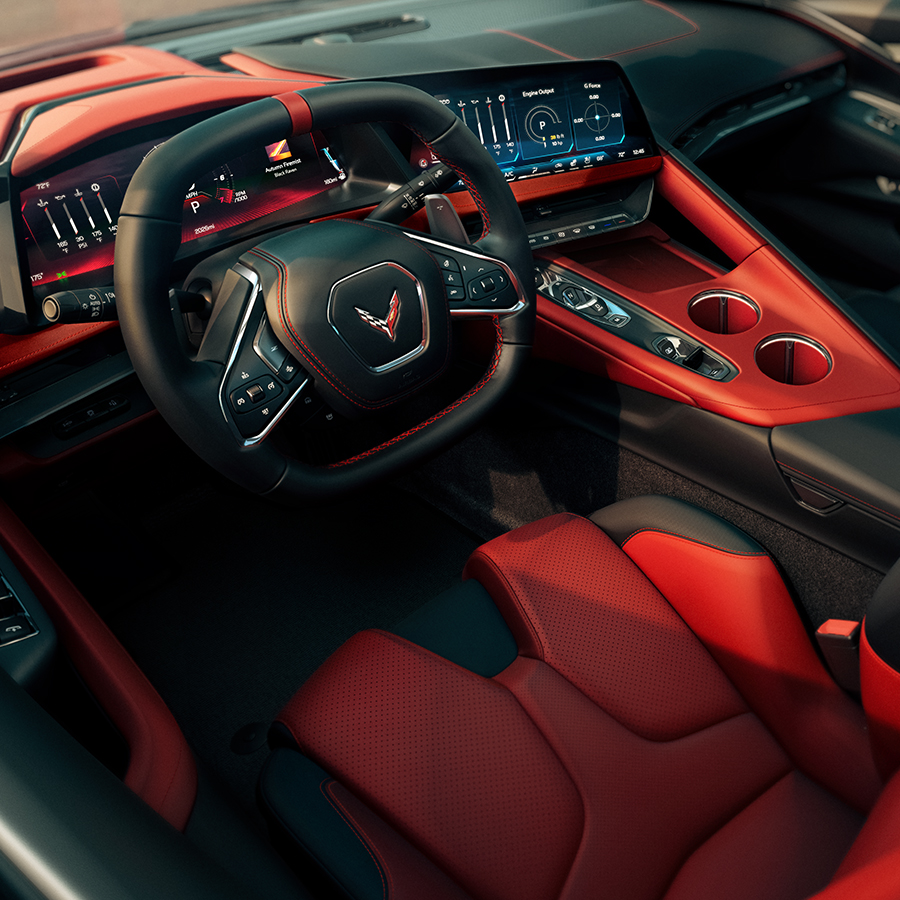 The 2027 Corvette Stingray Driver Seat and Interior in Red and Black