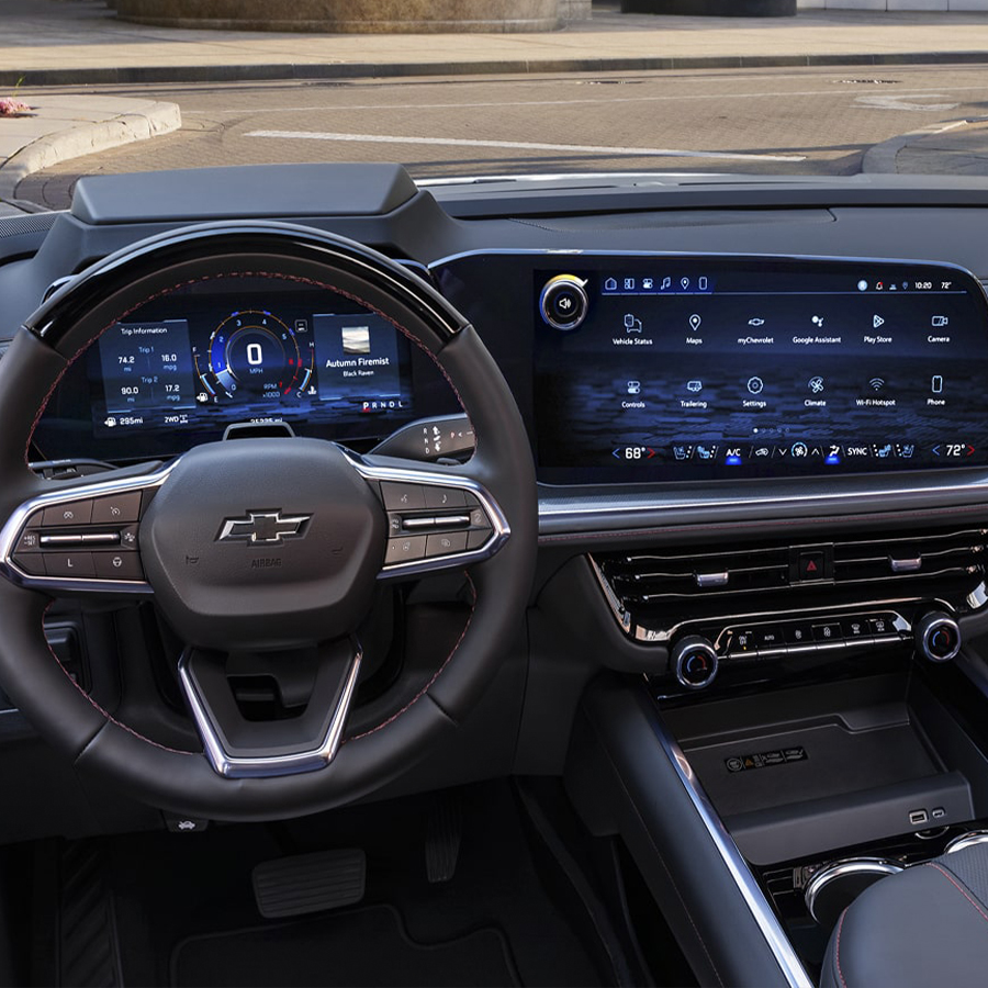 2027 Chevy Tahoe RST shown in Jet Black / Victory Red interior