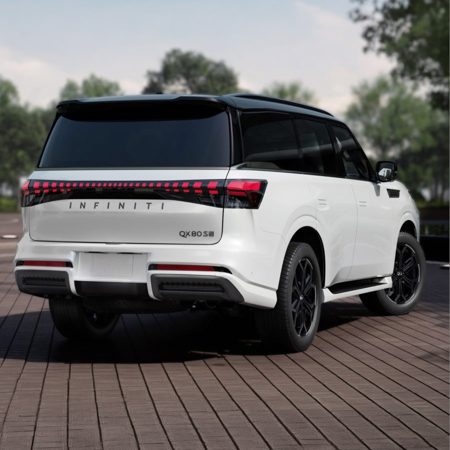 Rear view of 2027 INFINITI QX80 full-size SUV in Radiant White
