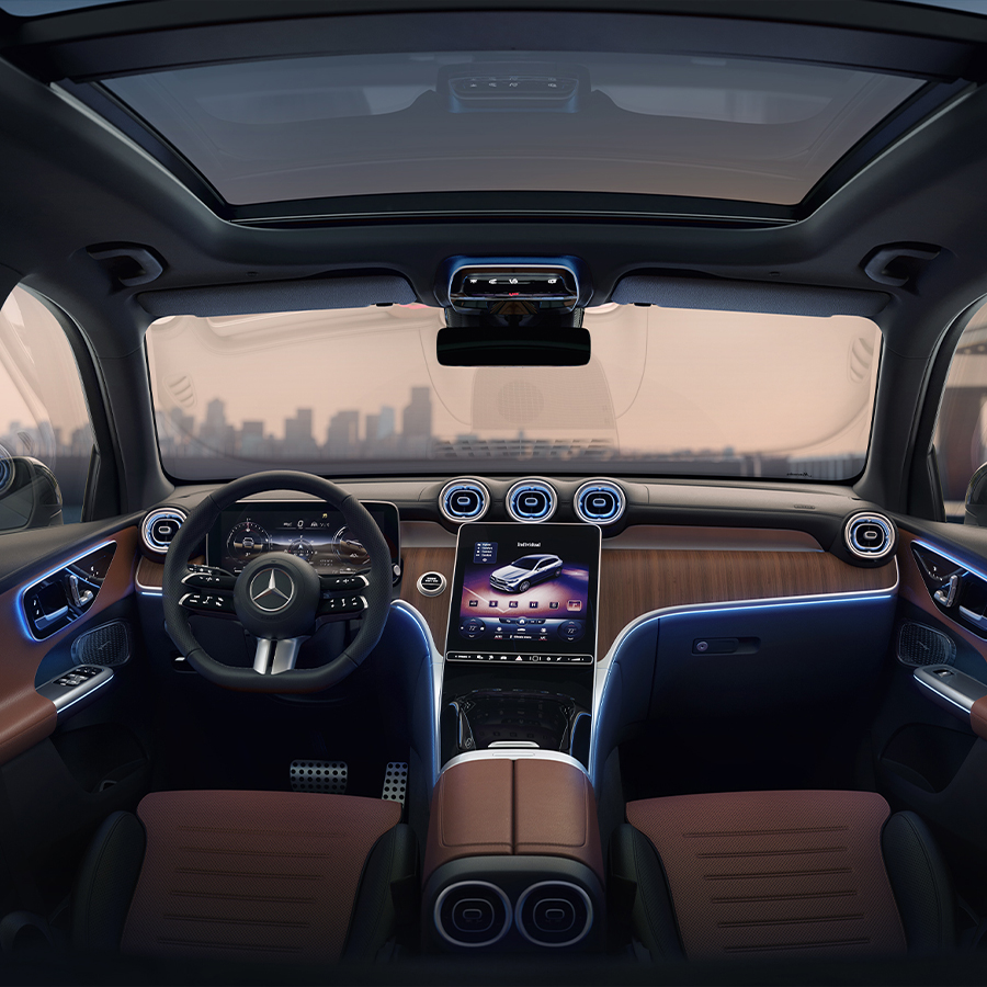 2027 Mercedes-Benz GLC luxury interior featuring panoramic glass roof, digital dashboard, and premium seating