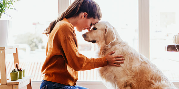 beautiful woman hugging her dog at home.