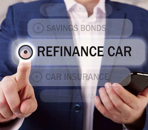 REFINANCE CAR inscription on the screen. Close up Broker hands holding black smart phone.