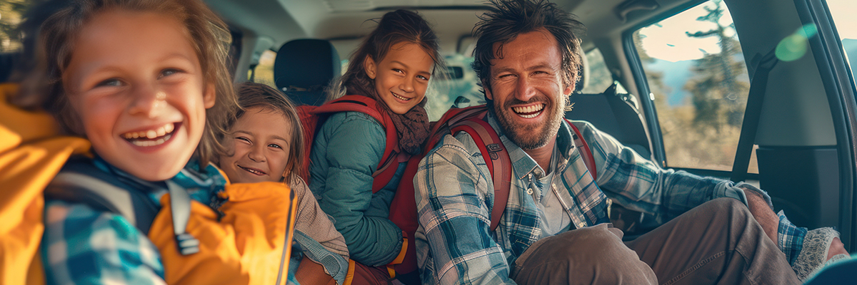 Happy family camping with camp car inside car view