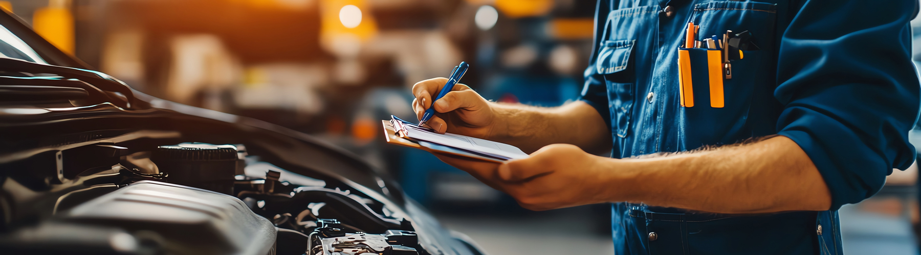 Engine inspection at car service shop, mechanic writing checklist, evaluating repairs and maintenance tasks on vehicle