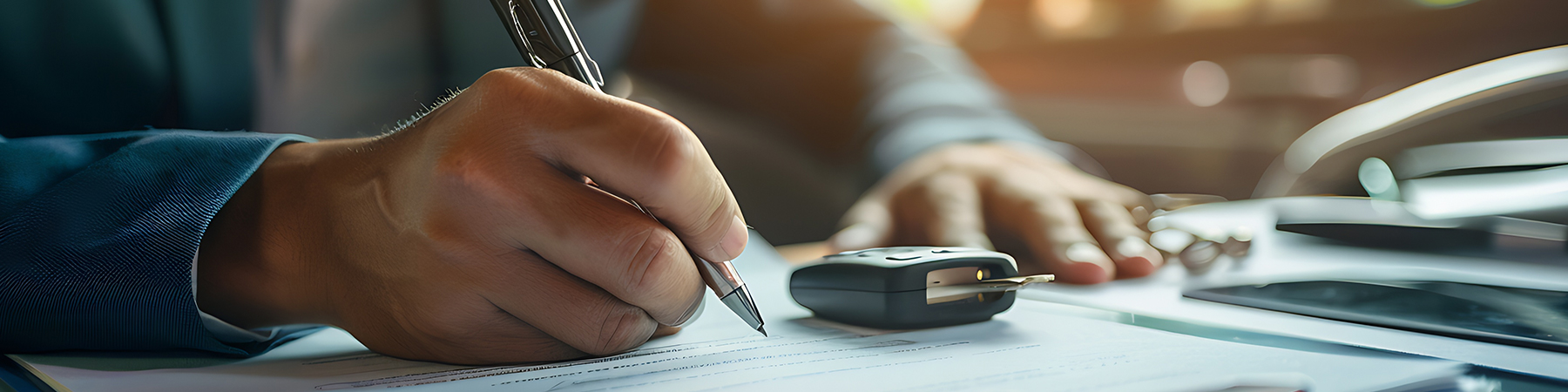 close up of someone signing a contract with car keys in sight