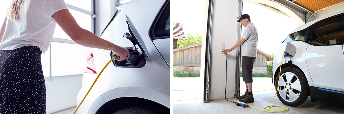 Two side-by-side images of people charging their vehicles at home