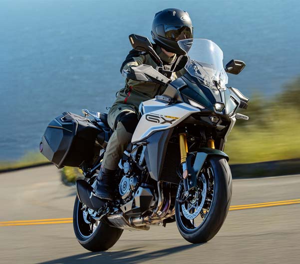 Person riding Suzuki motorcycle on coastal highway.