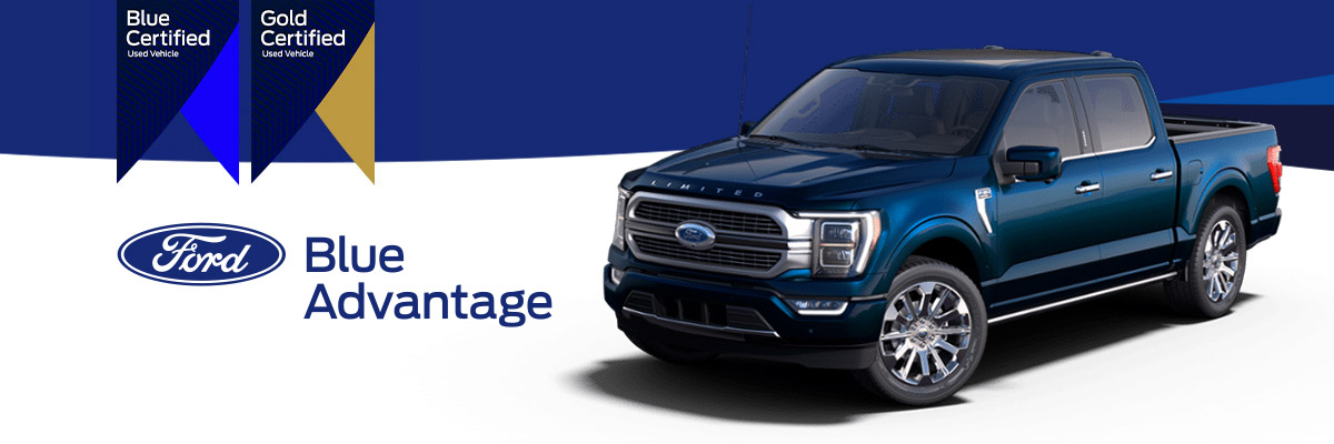 Ford Blue Advantage logo with 2022 Ford F-150 on a blue geometric background