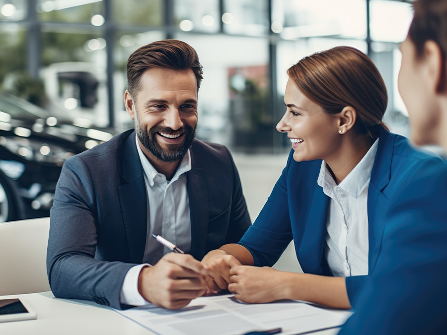 Dealership employee pointing to finance paperwork