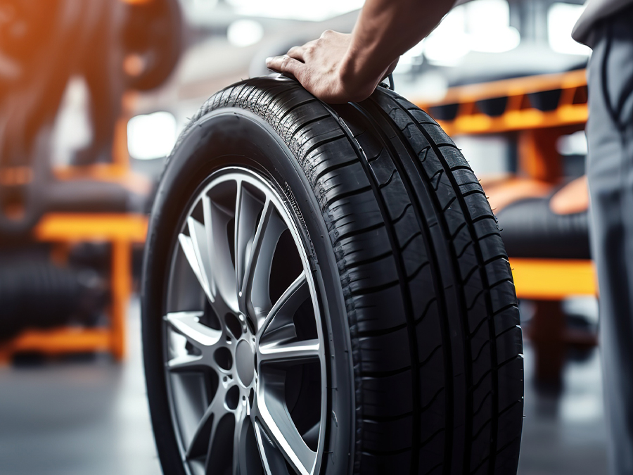 Close up of service tech rolling a tire through the service bay