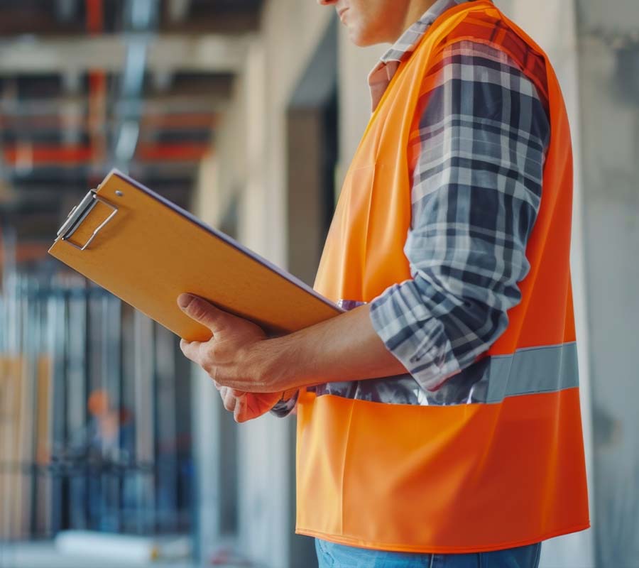 Contractor holding clip board in construction zone.