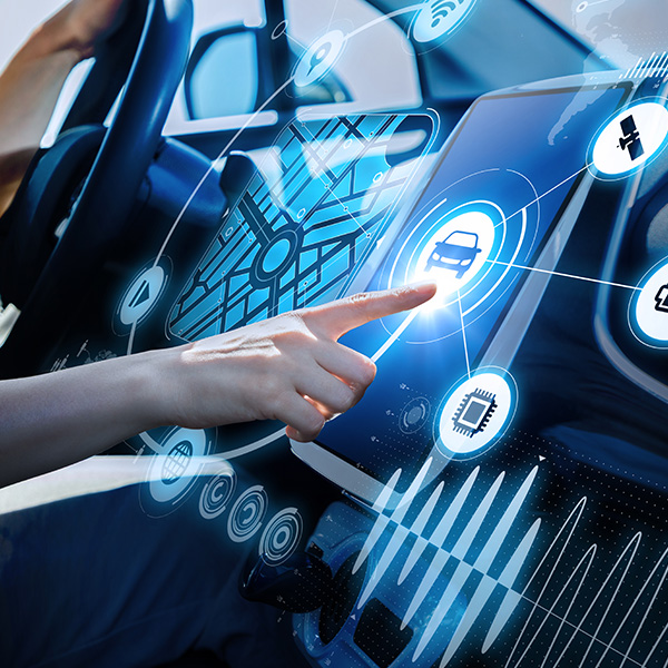 Interior shot of a vehicle showcasing all of the advanced technology included