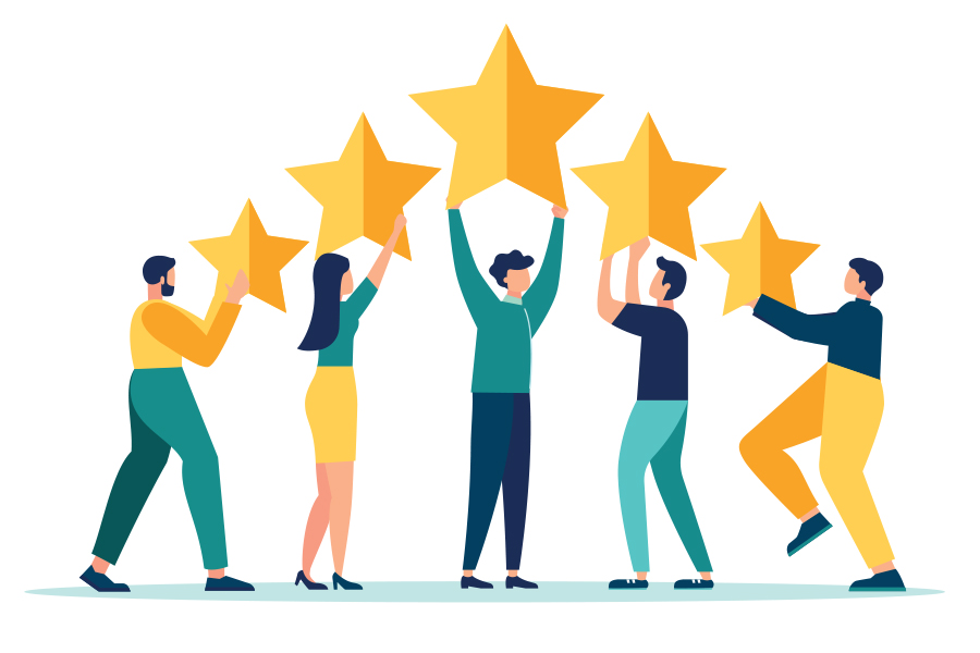 Diverse group of people holding up five stars