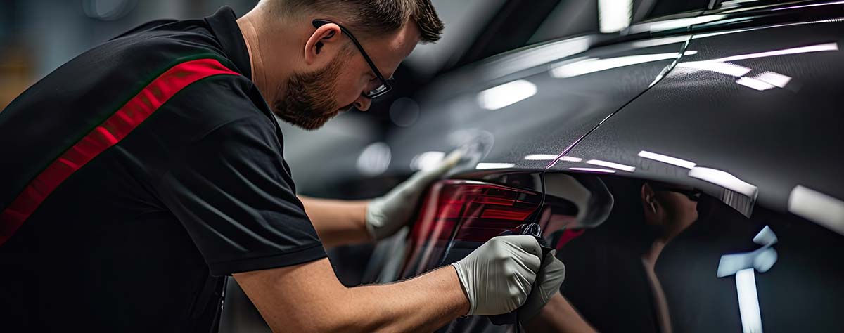 Auto body repair specialist as they meticulously work to fix a dent on a customer's vehicle