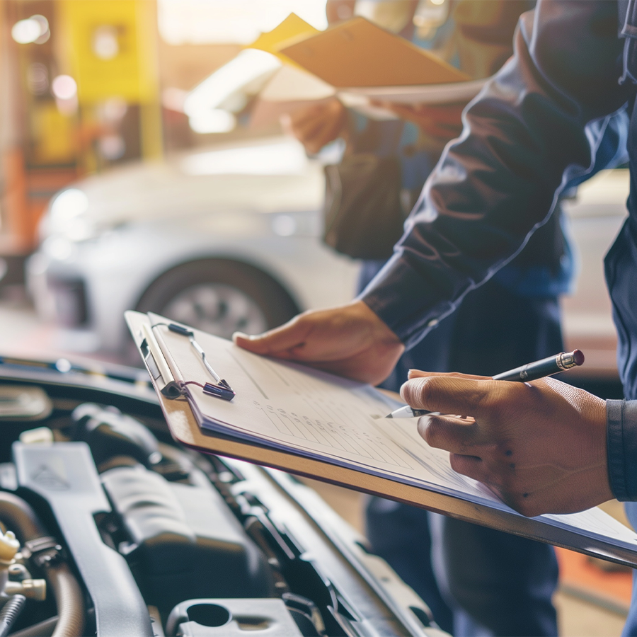 Auto check, car service shop concept. Automobile repairman writing job checklist on clipboard.