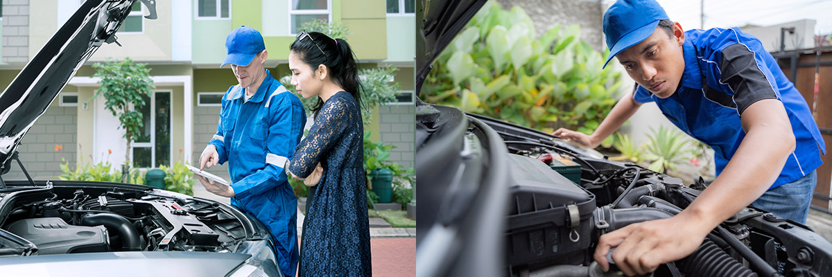 repairmen working on cars while at customer's houses