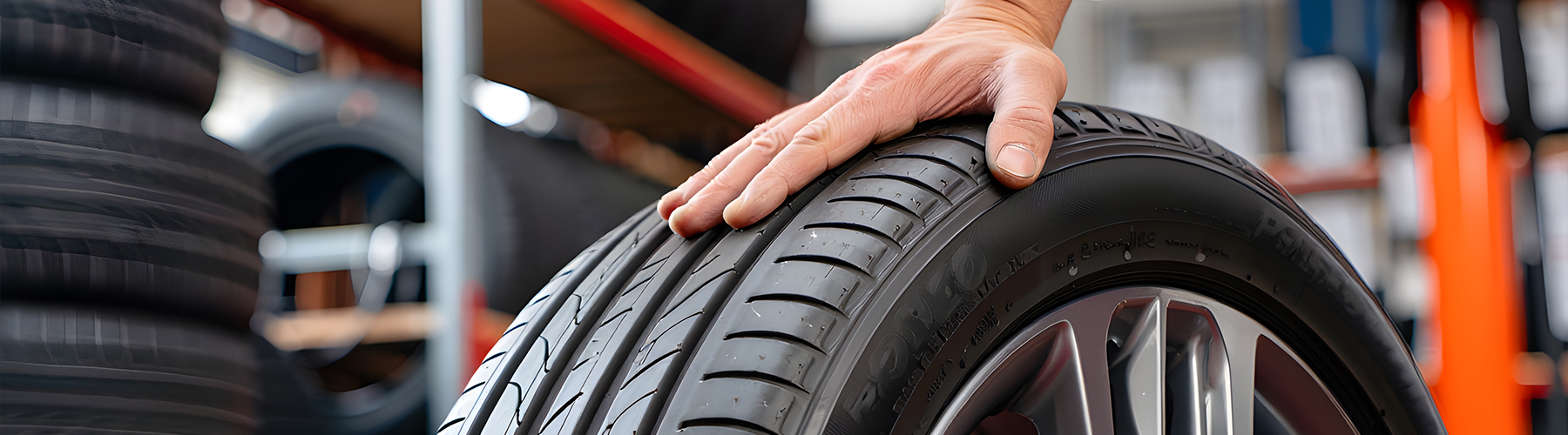Mechanic Hand Holding Car Tire in Auto Repair Shop – Automotive Maintenance, Tire Replacement, and Vehicle Service Concept with Tire Racks in Background