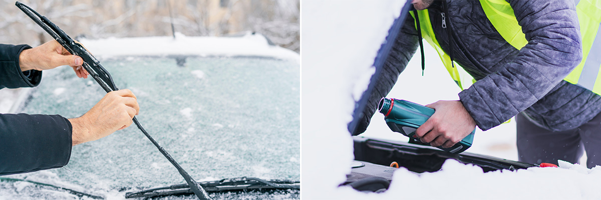 LEFT: man adjusting and cleaning wipers of car in snowy weather. RIGHT: Man pouring motor oil to car engine.