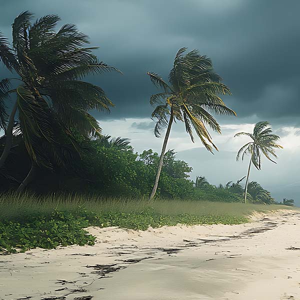 Stormy beach with bending palm trees.