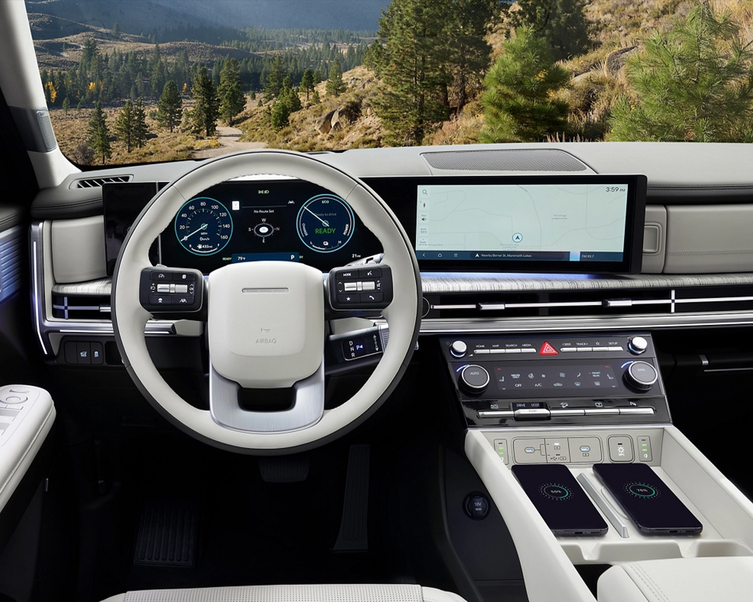 Interior shot of the 2025 Hyundai Santa Fe Hybrid showcasing it's sleek dashboard