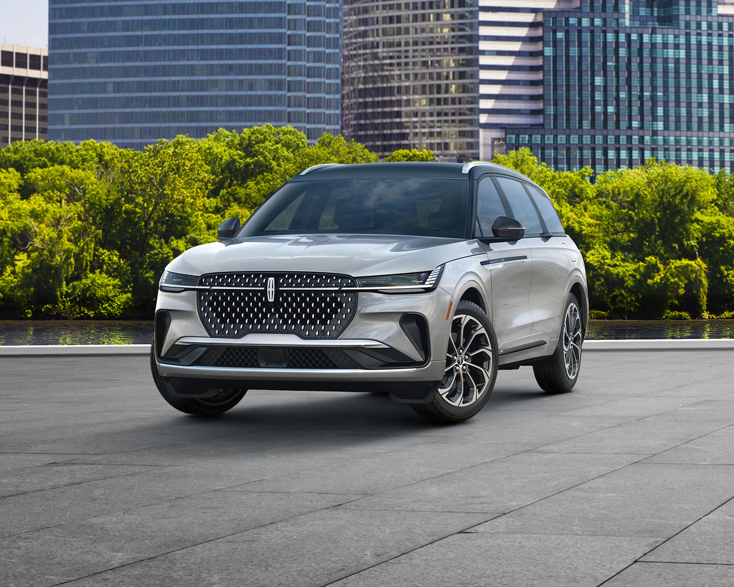 2025 Lincoln Nautilus parked with trees and corporate buildings in the background