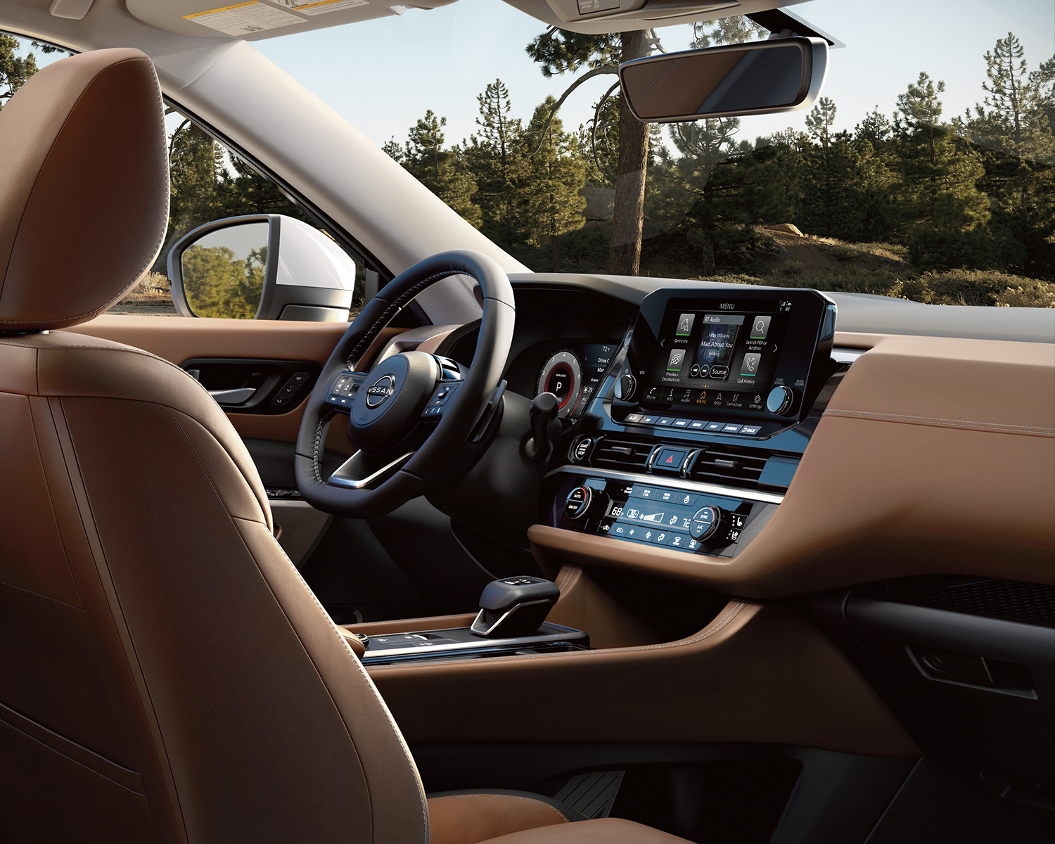 Interior shot of the 2025 Nissan Pathfinder showcasing it's 9-inch touchscreen