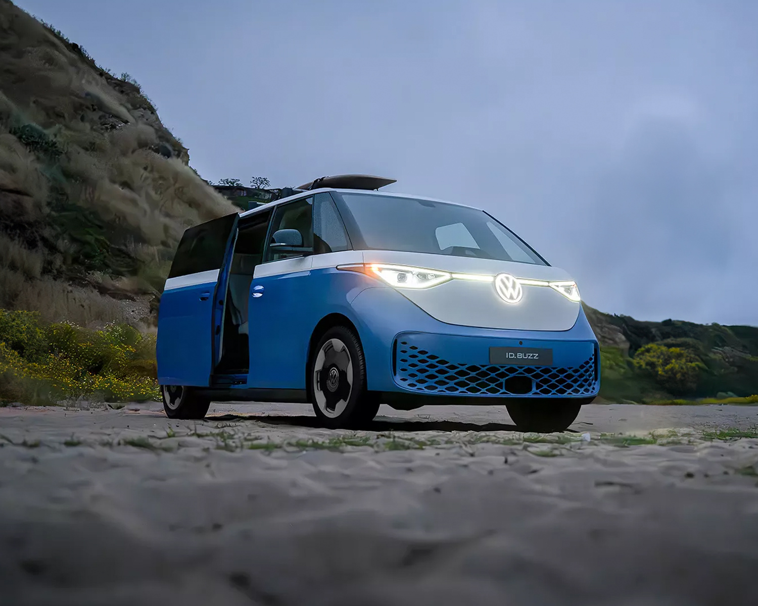 New VW ID.Buzz parked at the top of a mountain