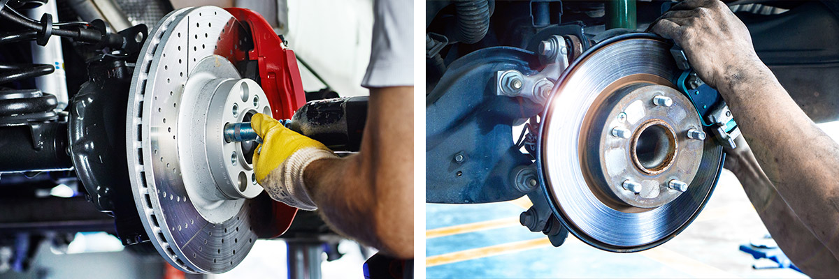 auto technician cleaning brakes disks with a drill with wire end cleaning head