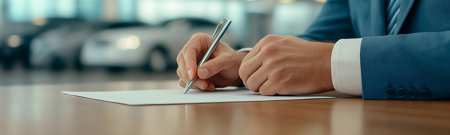Up close shot of vehicle financial documents being signed