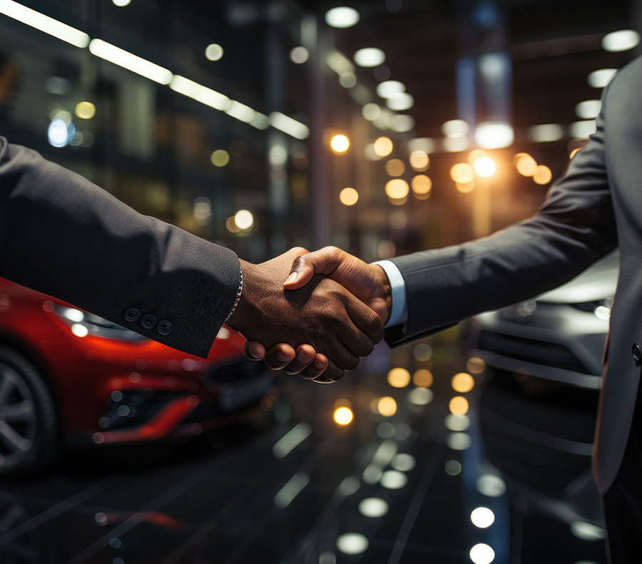 Two businessmen shaking hands in a showroom, closing a car deal.