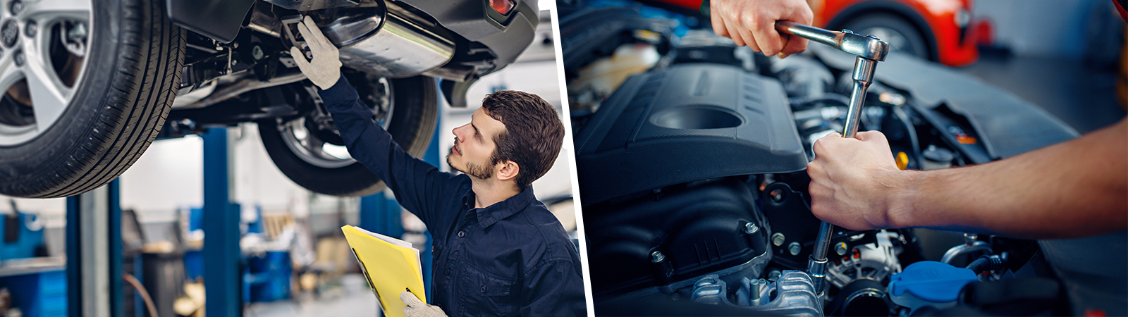 Left to right: Auto car repair service center. Mechanic examining car; Worker disassembles vehicle engine, car service