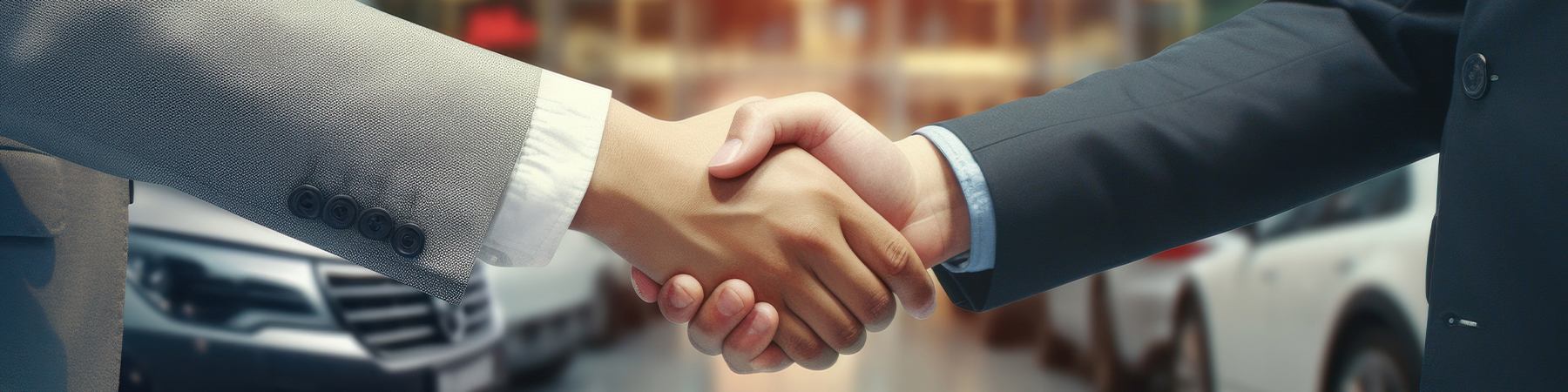 Handshake between car salesman and customer after new car purchase.